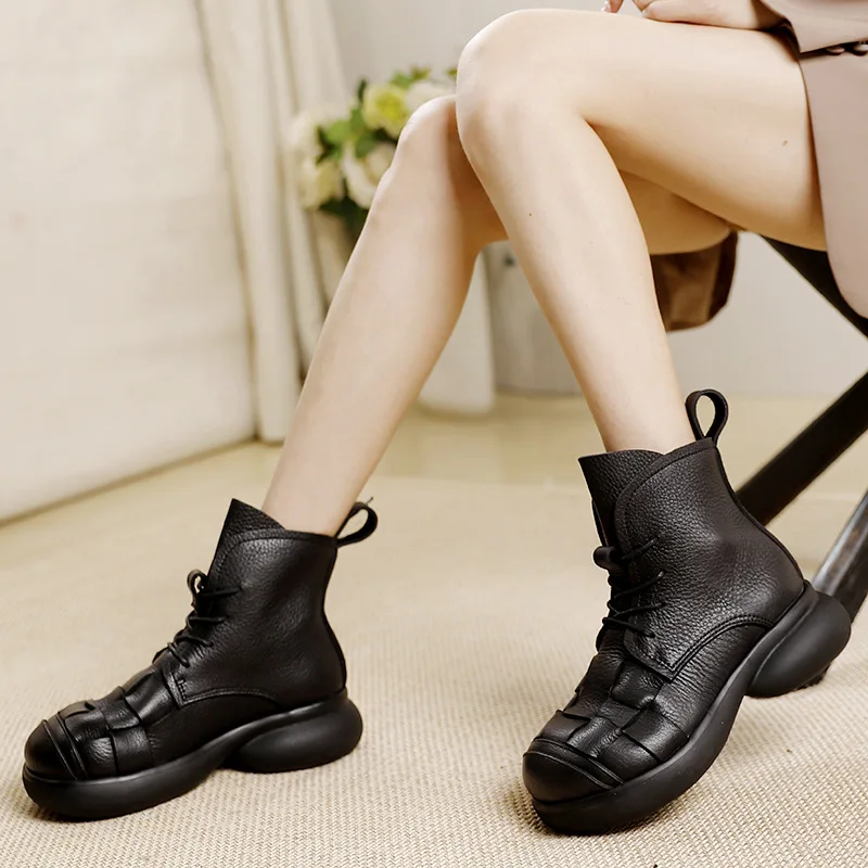 

Birkuir Genuine Leather Ankle Boots Luxury Low Heel Round Toe Boots For Women Retro Handmade Weave Leisure Ladies Platform Boots