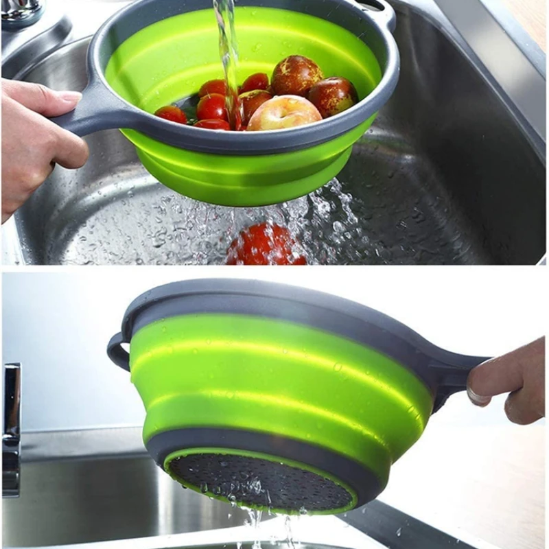 

Folding Silicone Collapsible Circular Colander with Handle Strainer for Draining Pasta Vegetable Fruit,kitchen Tools and Utensil
