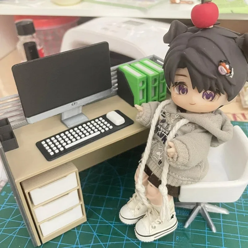 Realistic Office Scene Miniature Set - Filing Cabinet, Desk, and Chair