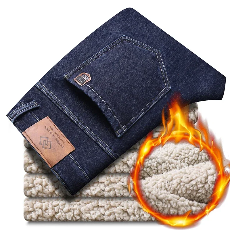 Winter New Warm Fleece Jeans Men's Thick Thermal Casual Straight Denim Pants Male Business Work Stretch Trousers New Clothing