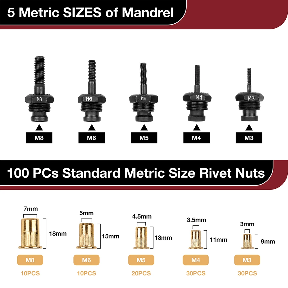 M3~M8 Home Nut Riveting Machine, Industrial Grade DIY Plug-in Nut Quick Riveting Tools, Including 100 Rivet Nuts, Rivet Nut Gun 3