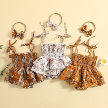 Tute stile vestito da neonata Abiti elastici, body pieghettato con allacciatura floreale senza maniche + set di fasce con fiocco carino