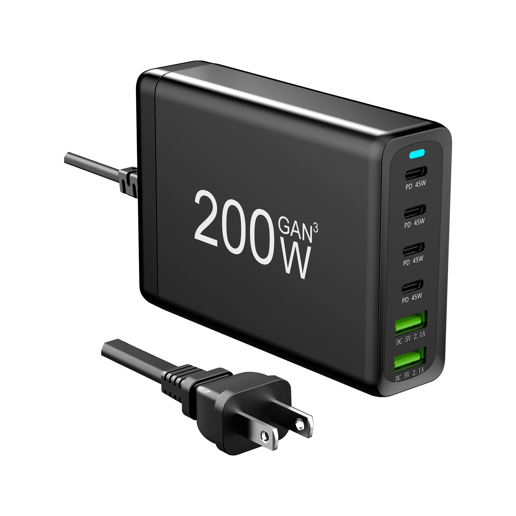 Power Adapter Power Charger 200W USB C Fast Charger GaN 4 in 1 Charging Station 2 USB-C 40W+20W 2 USB Ports 18W+18W For MacBook Laptops iPhone