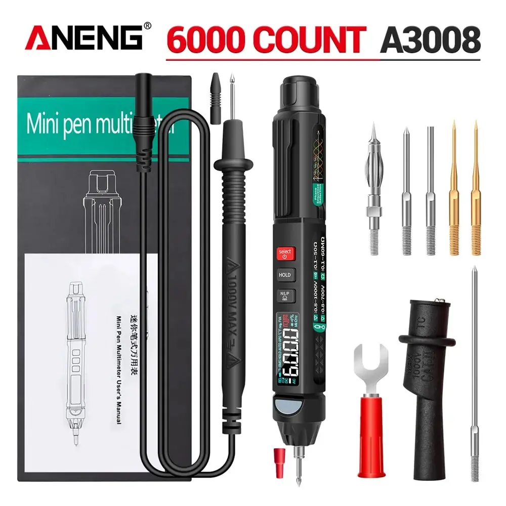ANENG 디지털 멀티미터, 자동 지능형 6000 정밀도 카운트, 센서 펜 테스터 멀티미터, A3008