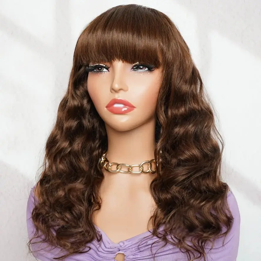 Human Hair Wigs with Bang Romance Curl Loose Wave Full Wig Brown Machine Made Non Lace Wig with Fringe Bobbi