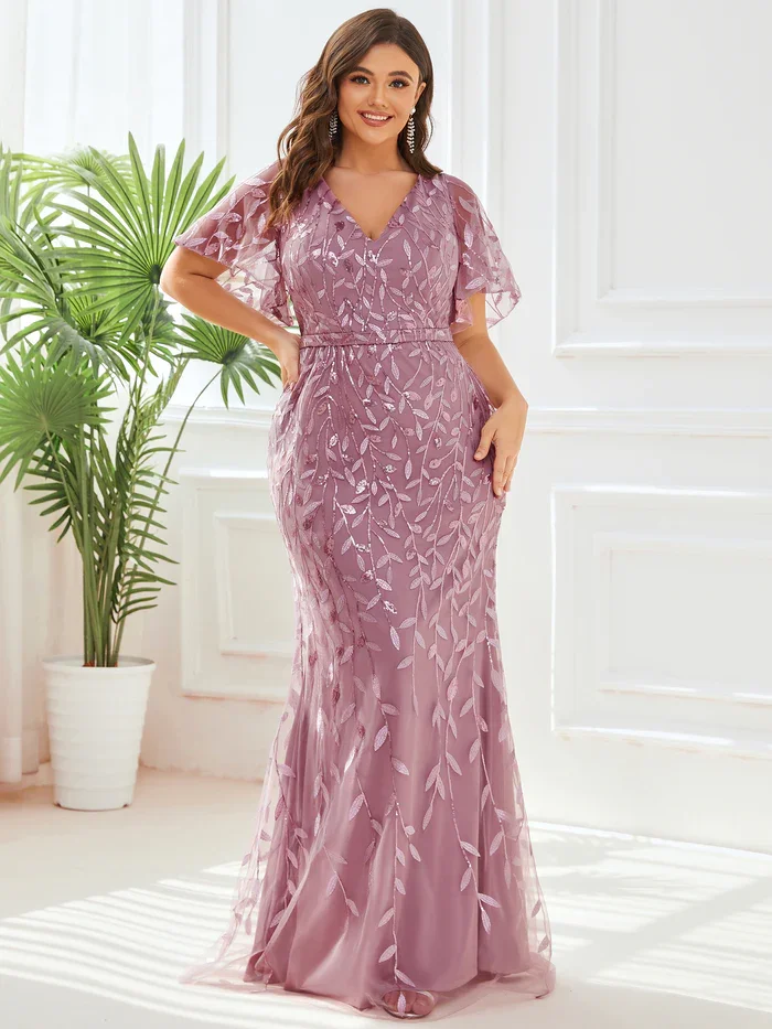 

Gorgeous Plus Size Deep V Neck Leaf-Sequined Fishtail Sexy and elegant V Neck Maxi Bodycon Evening Dress with Flare Sleeves