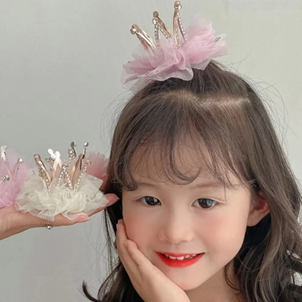 여아용 공주 머리핀 메쉬  머리핀, 크리스탈 레이스, 어린 소녀 왕관 헤어 액세서리, 티아라 및 왕관