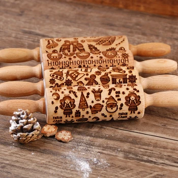 1pc 10inch Wooden Embossed Rolling Pin With Coffee Maker Lemon Flower Pattern ELK For Pastry Baking Tools