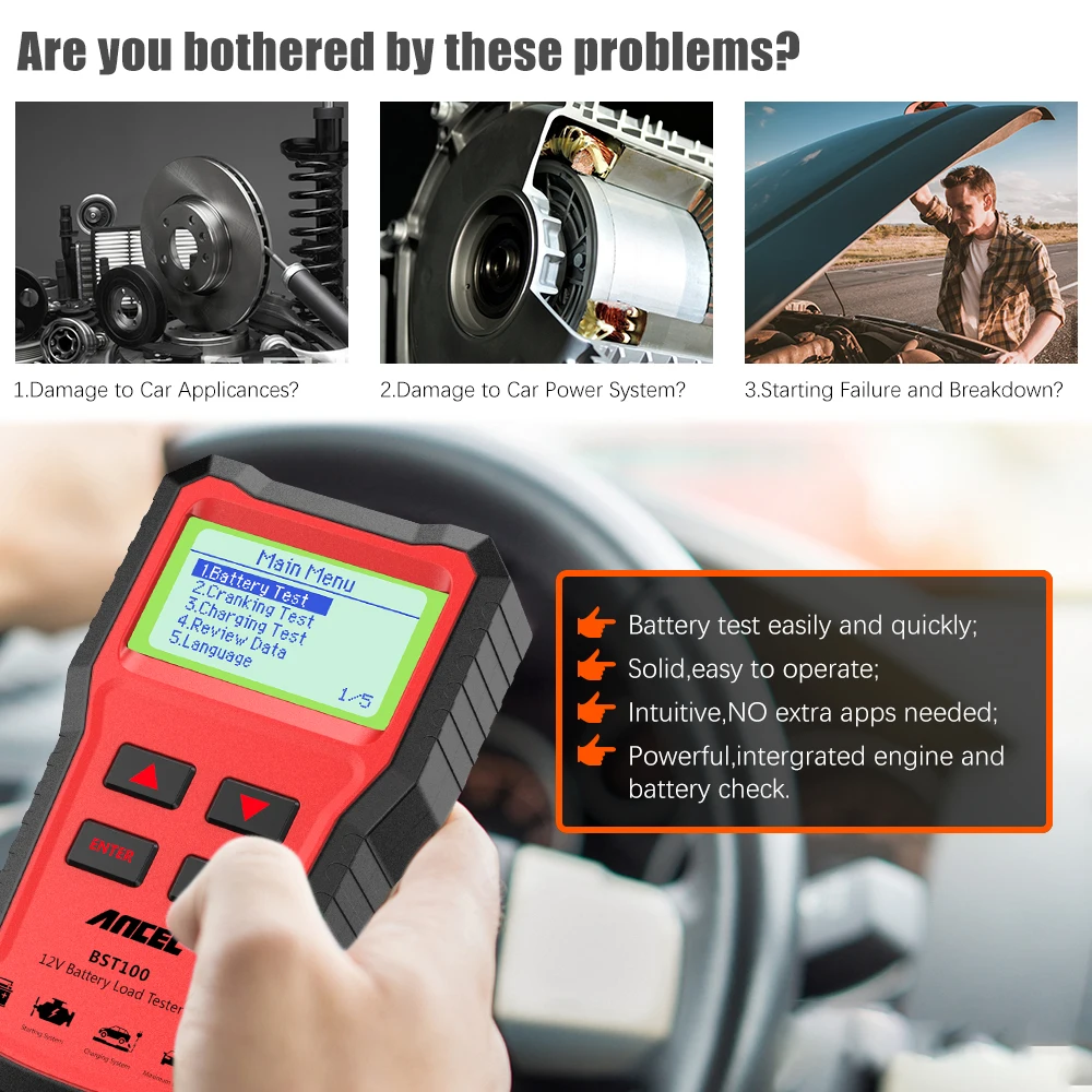 Ancel BST100 Car Battery Tester OBD2 12V Cell 100-2000CCA 30-220Ah Battery System Detect Automotive Scanner Diagnostic Tools