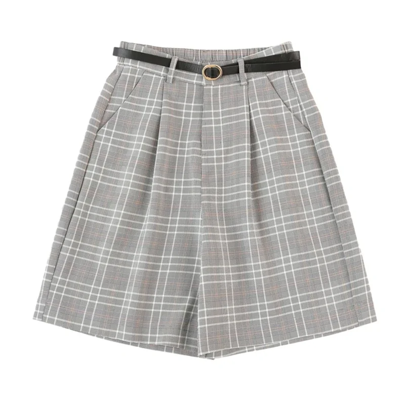 Women Summer Elegant All-match Loose Straight Shorts with Belt Female High Waist Vintage Plaid Wide Leg Suits Shorts Office Lady