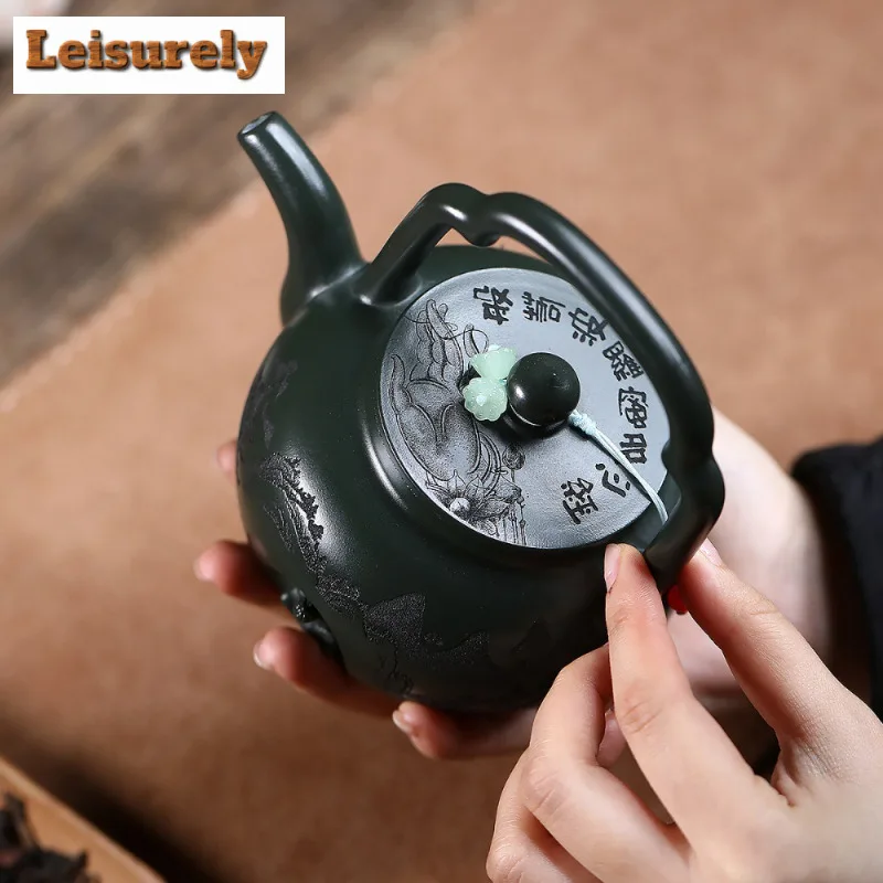 420ml Luxury Yixing Purple Clay Teapots Handmade Lifting Handle Pot Raw Ore Blackish Green Mud Tea Making Kettle Zisha Tea Set
