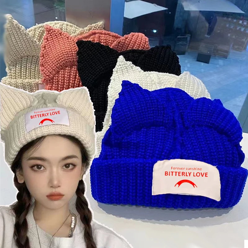 

Cute Cat Ear Winter Beanies Hat For Women Men Knitted Hat Double-layer Hooded Cap Warm Woolen Skullies Hats Unisex Hip Hop Caps