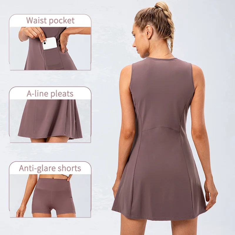 Fashion Tennis Dress Female Sleeveless Solid Sport Dress Training Running Fitness Short Female Golf Badminton Suit
