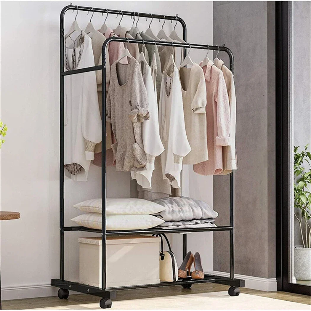 Metal Double Clothes Rolling Rail Garment Hanging with Rack 2 Tier Shelves Storage