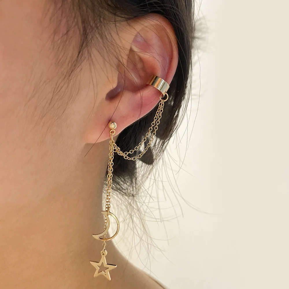 Vintage Pendant Metal Dangle Earrings with Long Chain Ear Clip for Women Silver Gold Color Star Moon Earring Jewelry