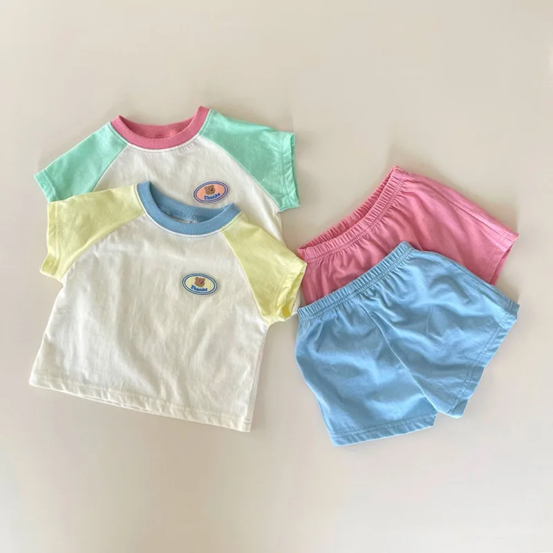 

2023 Summer New Baby Short Sleeve Clothes Set Infant Candy Color T Shirt + Shorts 2pcs Suit For Boy Toddler Cute Bear Outfits
