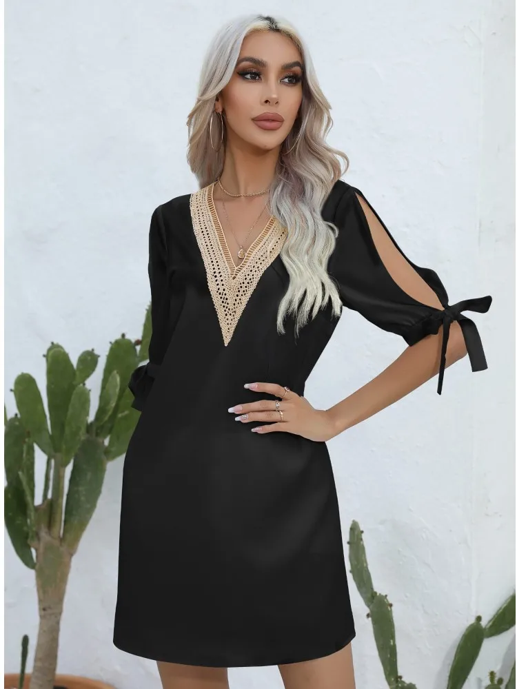 

Hush Puppies 2023 New Leisure White Lace Loose Summer Dress For Women A-line V-neck Lace-up Hollow Out Mini Ladies Vintage Party