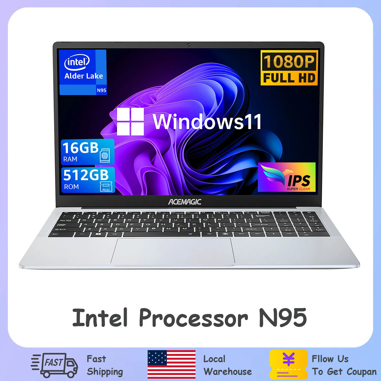 15.6 Ultra Slim Laptop 16GB RAM 512GB SSD Intel N95 Notebook Gamer 1920*1080 Display Office Study Computer Windows 11