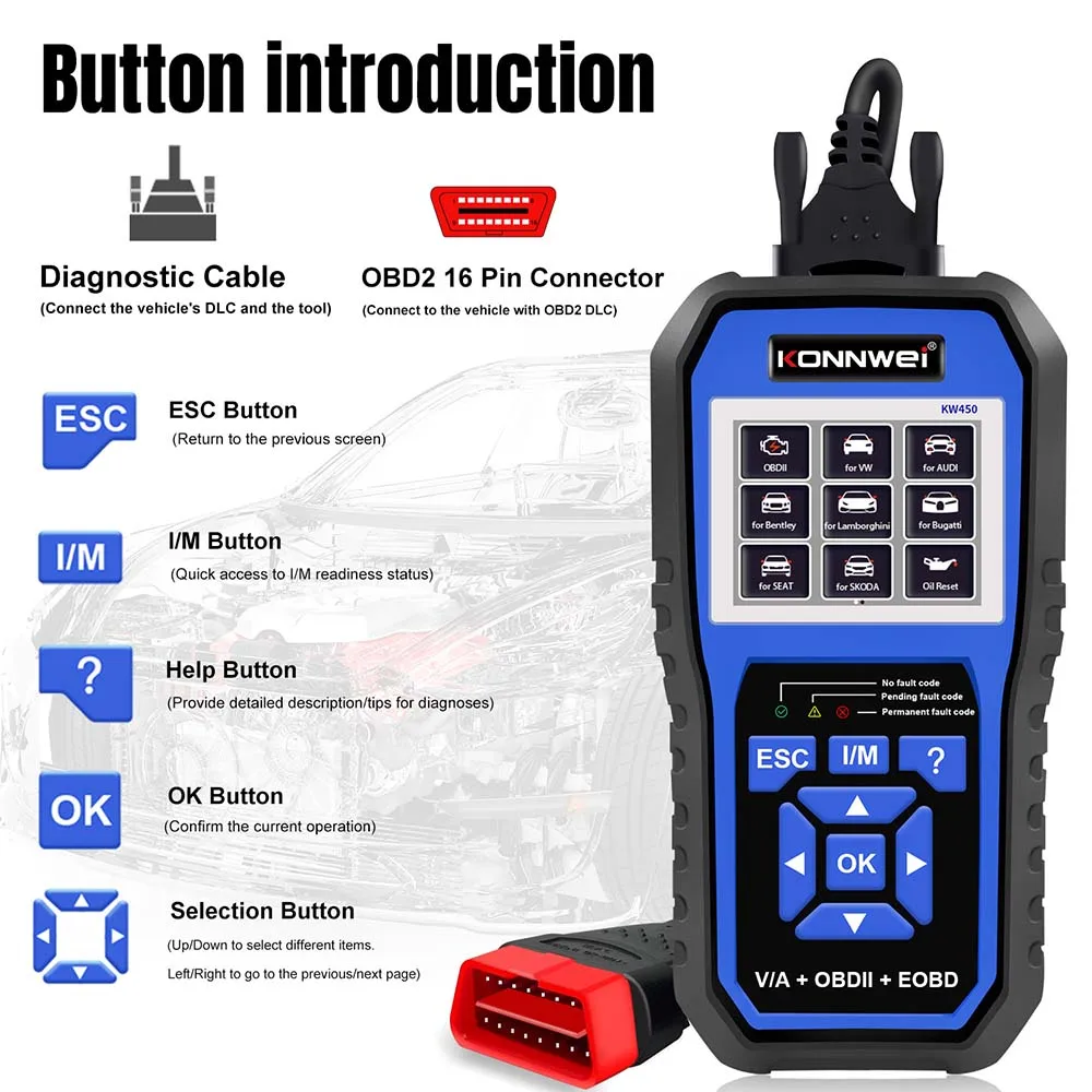 Car Scanner KONNWEI KW450 Full Systems Scanner Car OBD2 Diagnostic Tool for VAG COM VW Audi ABS Airbag Oil ABS EPB SRS TPMS Reset Scanner