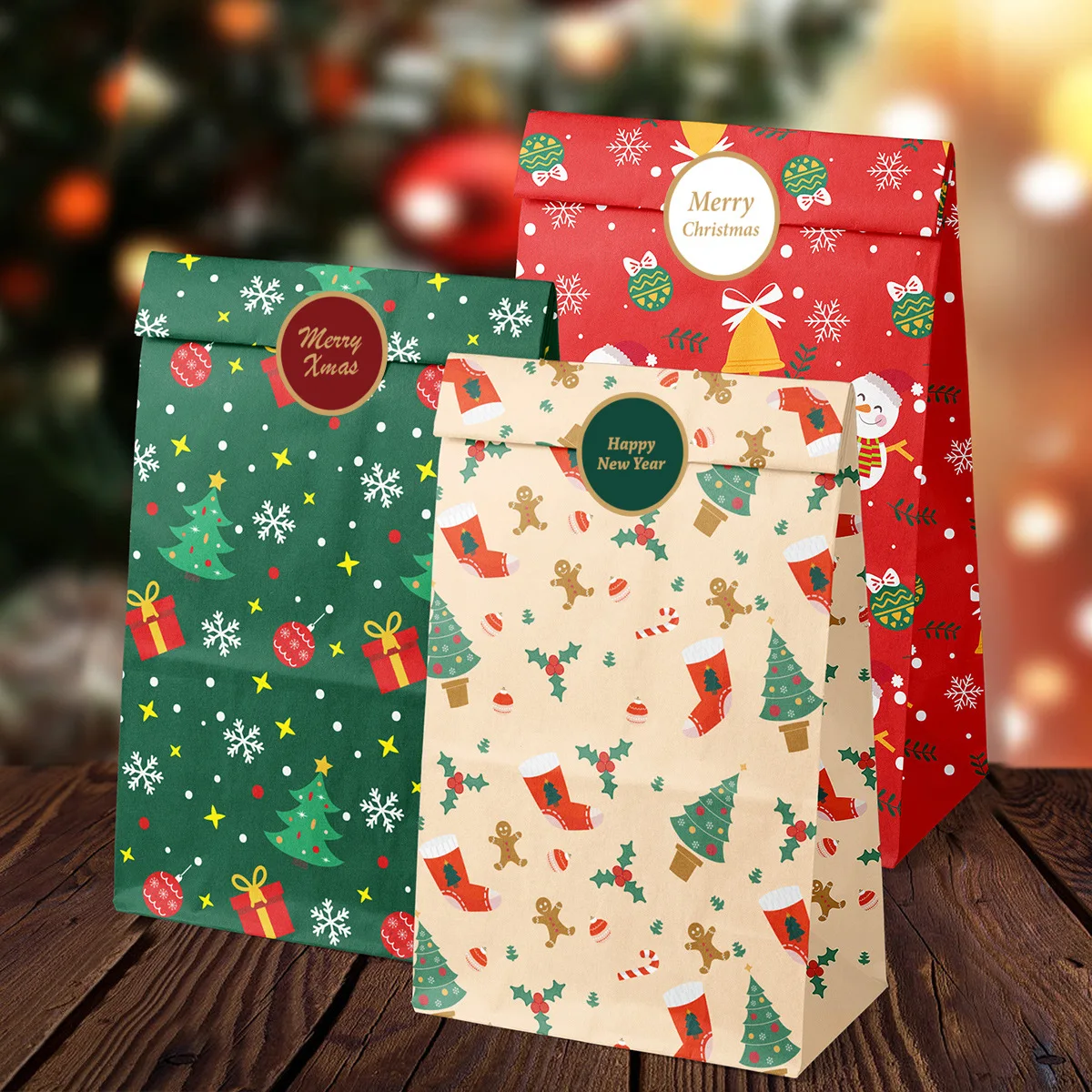 Christmas Gift Bag Holiday Party Candy Paper Bag Cookie Snack Gift Packaging Cheerful Snowman Elk Printed Pouch 12pcs