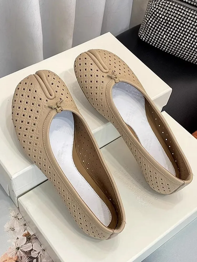 Summer Women Breathable Hollow Out Sheepskin Genuine Leather Flats Shoes Slip On Loafers Bowknot Slip Toe Moccasin Gommino Shoes 6