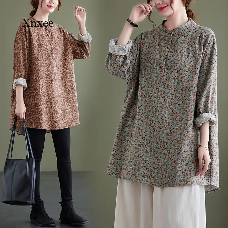 

Женская хлопковая блузка с длинным рукавом, с цветочным принтом