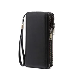 Elegant Leopard Print Portable Long Wallet with Multiple Card Slots - Korean Style Classic PU Handheld Bag (Black)