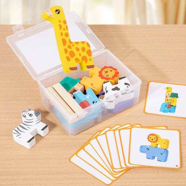 Wooden Animal Stacking Block Game Shape Matching Puzzle Balance Toy Montessori Fine Motor Training Educational Toys For Children 6