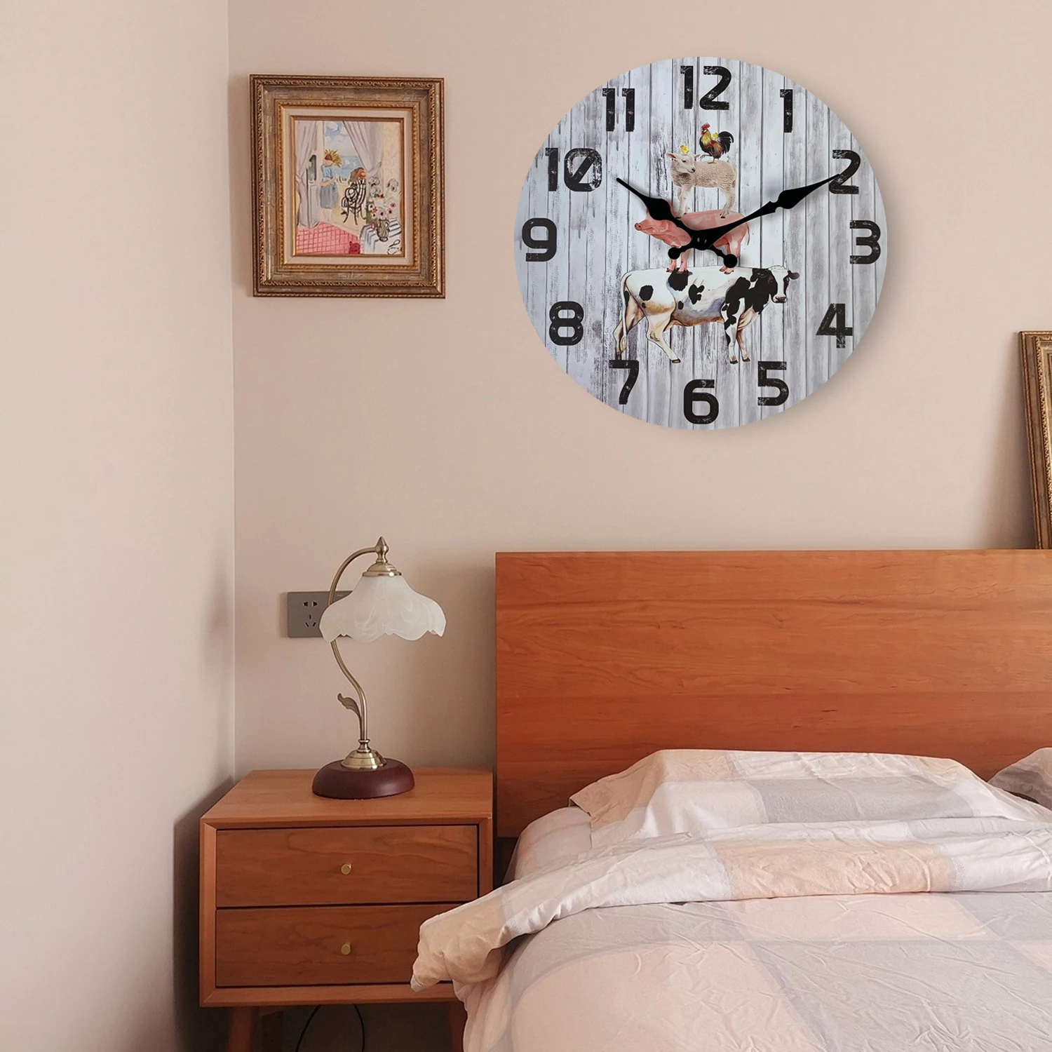 ヴィンテージウッドグレインファーム動物パターンウォールクロック