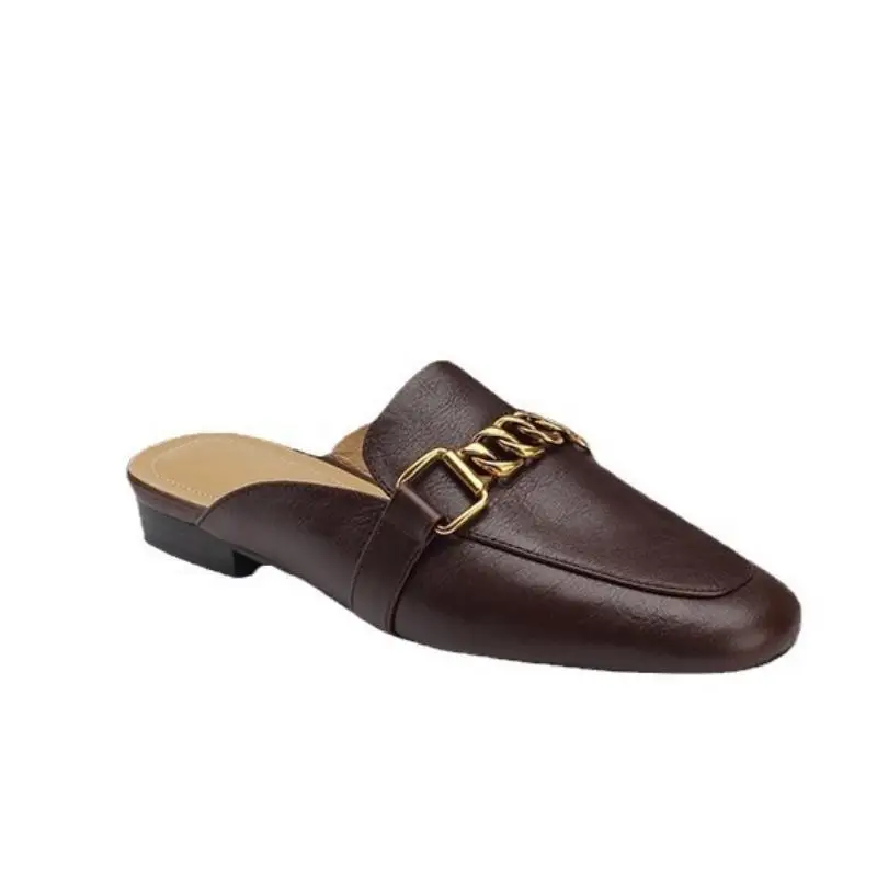 2024 Summer New Genuine Leather Baotou Muller Shoes Half Slippers Women's Flat Bottom Casual Single Shoes
