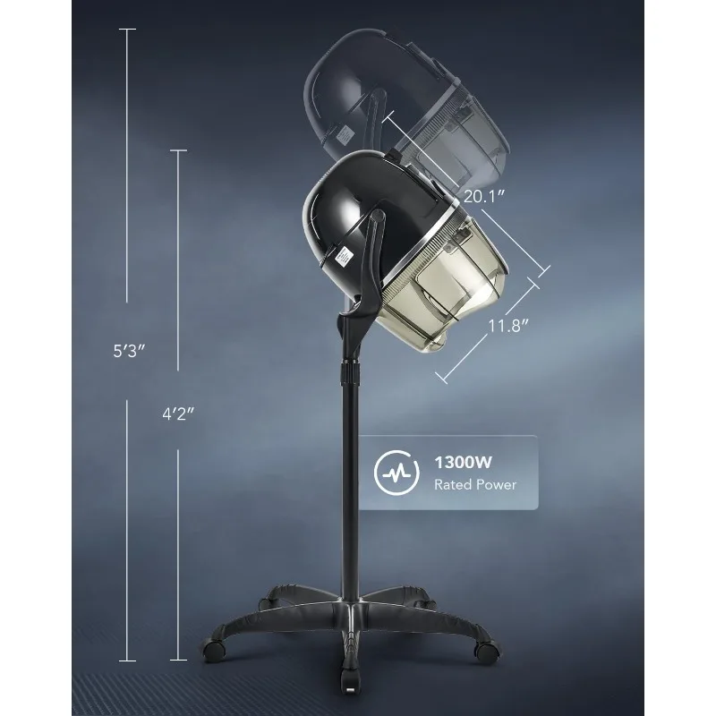 Y-NOT Professional Hairdryer Height Adjustable Hooded Stand Up Bonnet Hair Dryer, Floor Standing Rolling Base with Wheels