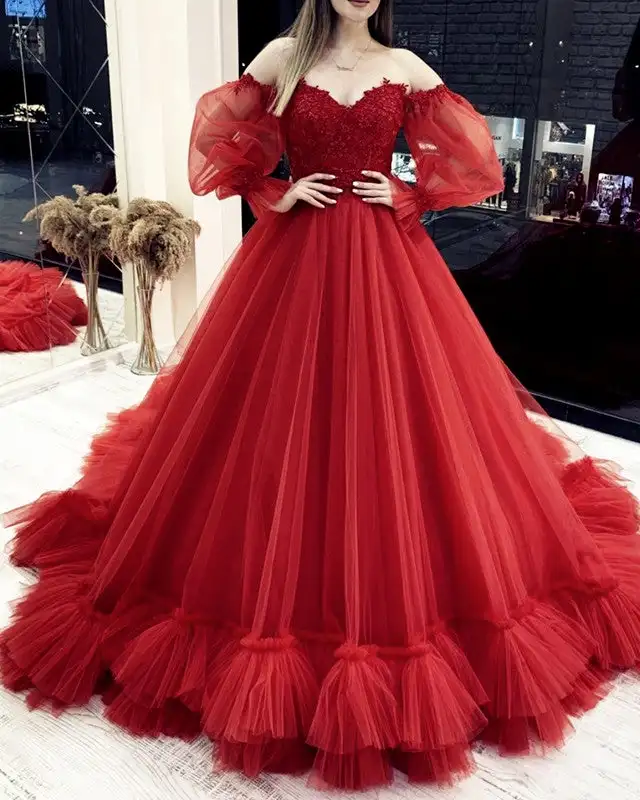 

ANGELSBRIDEP Red Quinceanera Dresses Removable Sleeves Tulle Ruffles Off Shoulder Ball Gown Dresses Prom Vestidos Robe De Bal