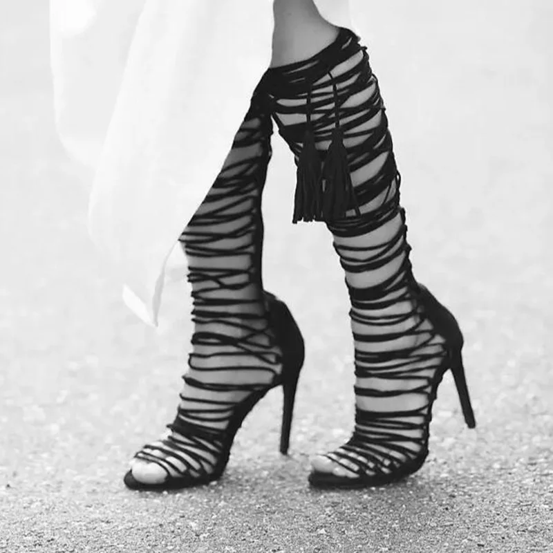 

Rome Style Women Knee High Boot Peep Toe Cross Strap Ankle Wrap Lace Up Gladiator Heels Women Sandals Boots Black Beige
