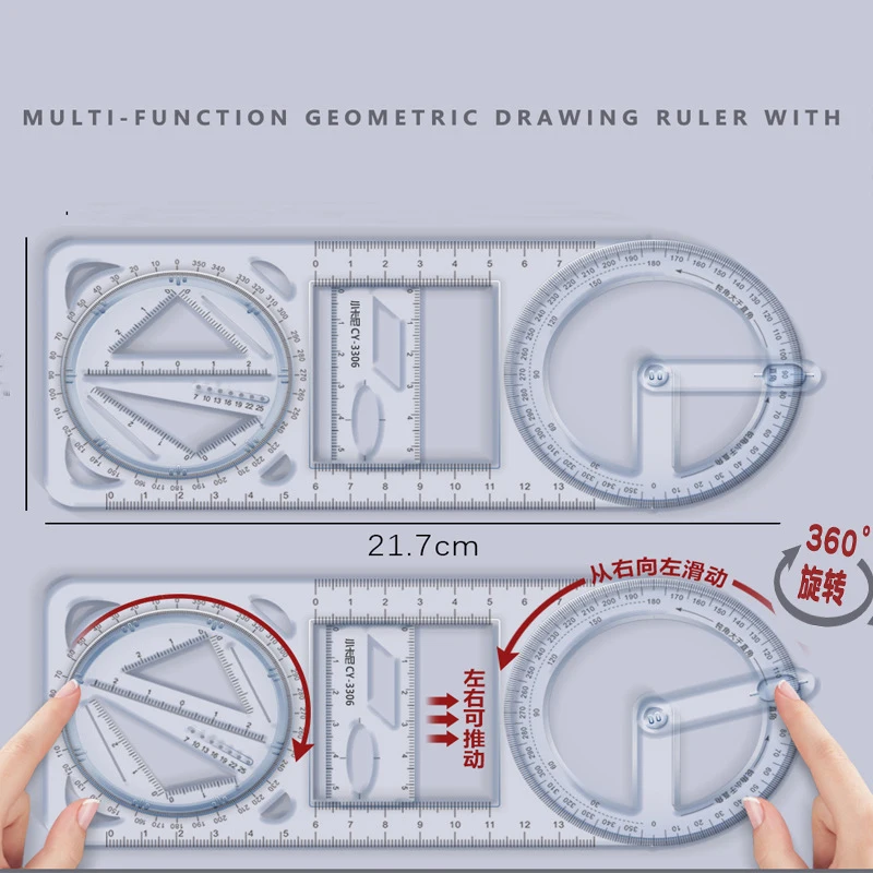 

10 Pieces Multi-Functional Drawing Ruler Can Rotate Geometric Ruler Function Drawing Protractor Rulers