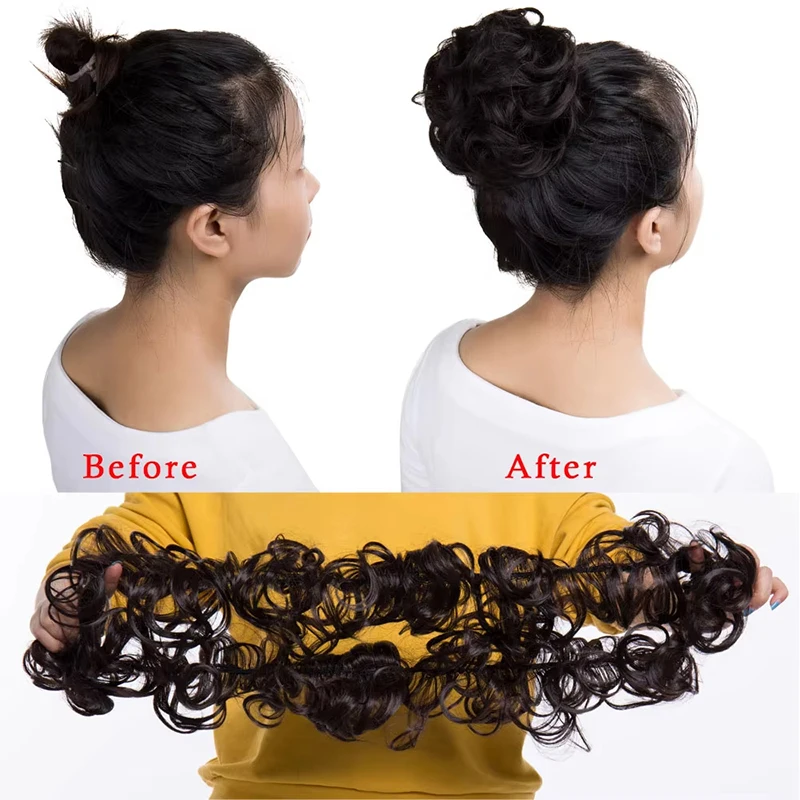 Synthetic Messy Bun Hair Piece Curly Wavy Hair Bun Scrunchies Long Ponytail Extensions Ponytail DIY Wrap Around Bun Hair