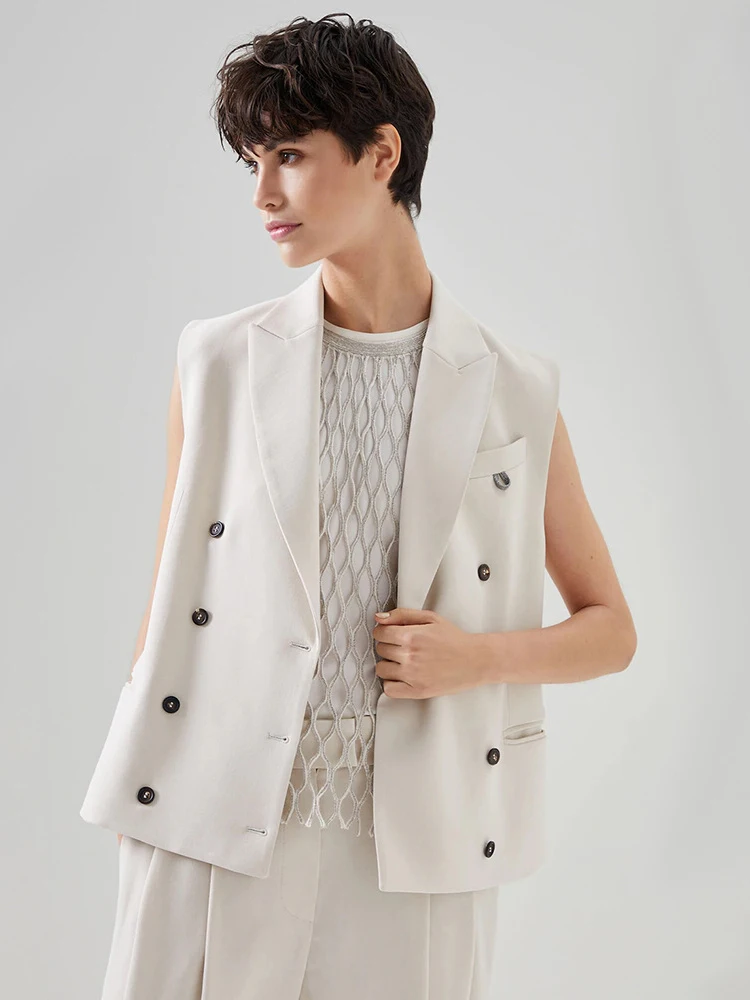 

Cotton Women's Jacket Vest Elegant Double Breasted Blazer Collar Blazer Woman Solid Clothing Top Office Suit High Quality B*C