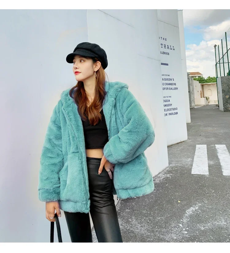 2023 Autumn Winter Women's Sweatshirt Jacket Loose Hooded Plush Fashion Thick Warm Faux Fur Imitate Rabbit Furry Mid-Length Coat