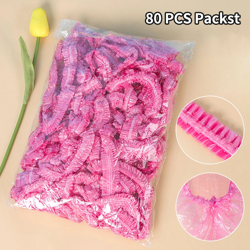 Shower Cap 80pcs Shower Cap Head Cover Elastic Plastic Thickened Pink Round Cover Food Kitchen Bathroom Accessories Food Preservation Bag