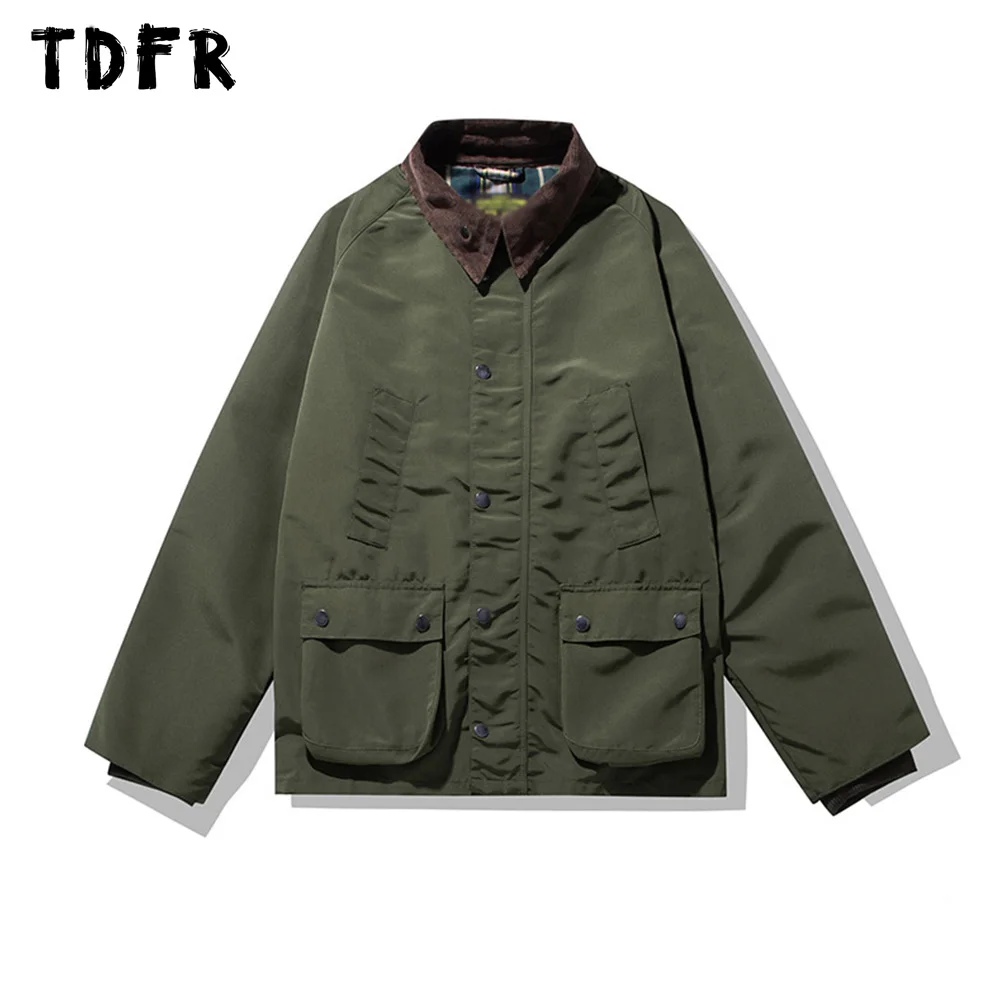 

Patchwork Cargo Jacket Mens Pocket Autumn Winter Retro Casual Loose Raglan Long Sleeve Lapel Jacket Men