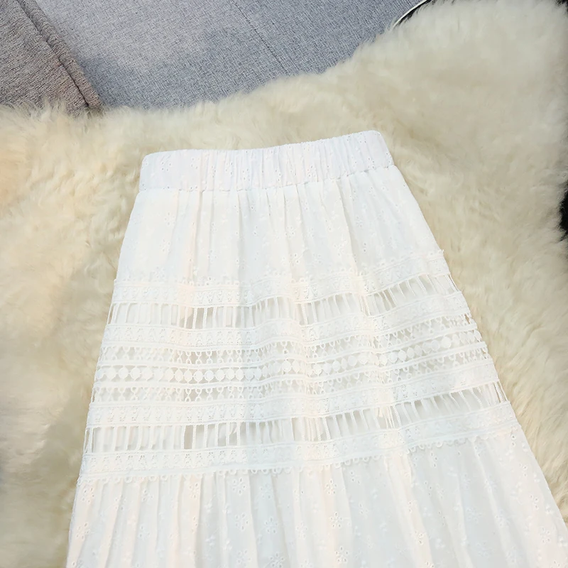 Hollow Out Embroidery Long Skirts for Women Summer Fashion Elastic Waist Party Skirt Elegant Ladies Faldas Holiday White 2024
