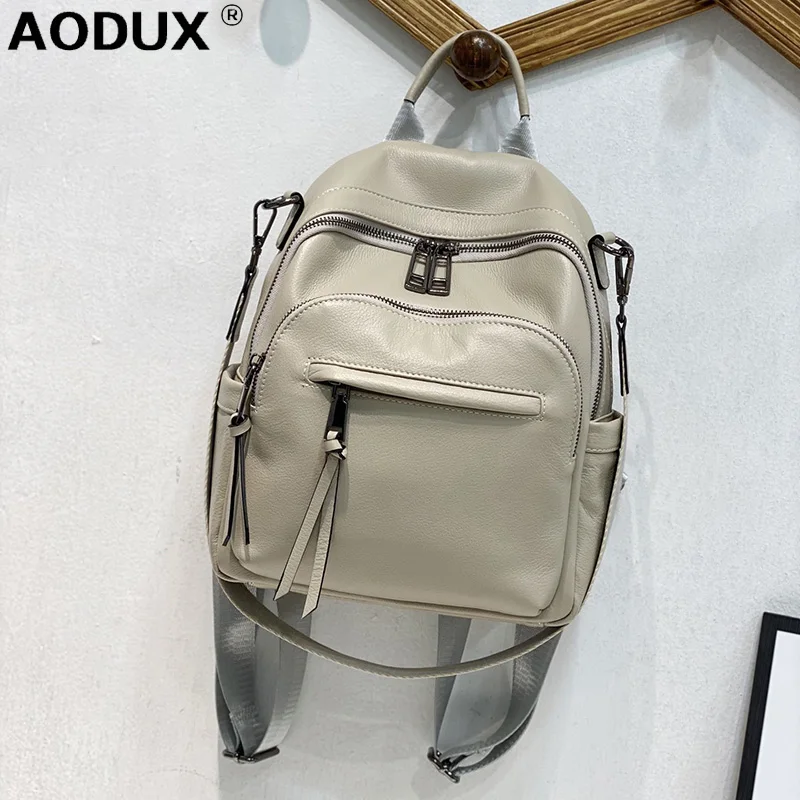 

AODUX 100% Soft Genuine Cow Leather Calfskin Women Backpacks First Layer Nature Cowhide Two Function Backpack One Shoulder Bags