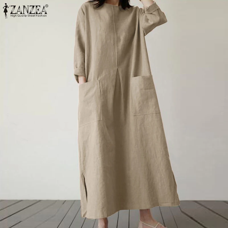 ZANZEA Spring Summer Loose Long Dress for Woman Cotton Linen O-Neck Long Sleeve Side Slit Solid Color Dresses Baggy Robes Femme 1
