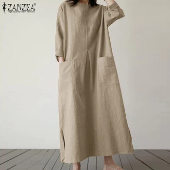 ZANZEA Spring Summer Loose Long Dress for Woman Cotton Linen O-Neck Long Sleeve Side Slit Solid Color Dresses Baggy Robes Femme 1