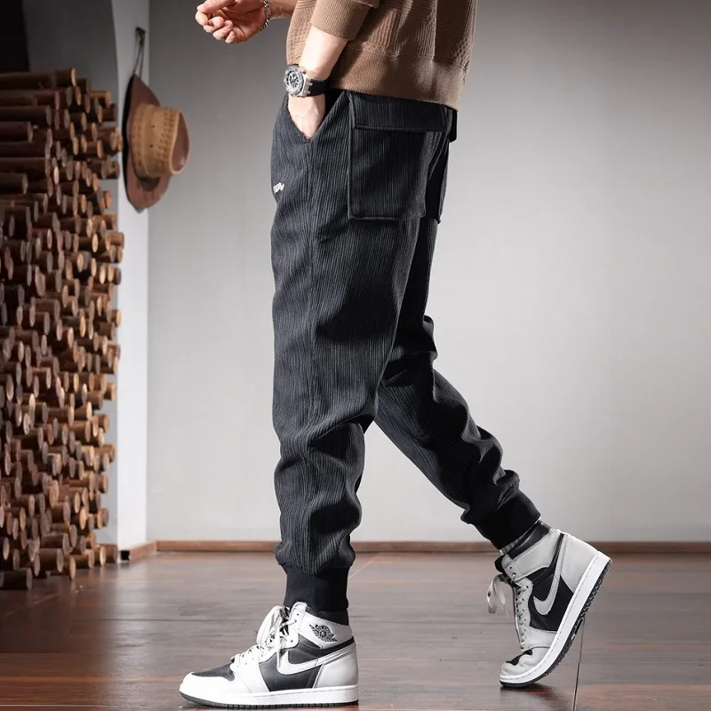 Autumn Black Stripe Pants Men Streetwear Casual Baggy Harem Pants Embroidery Sports Elastic Waist Drawstring Jogging Trousers