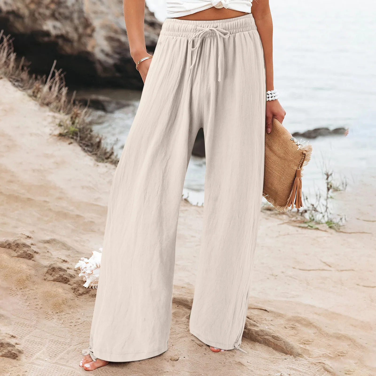 

Women Casual Solid Color Cotton Linen Pants Autumn Spring High Waist Drawstring Wide Leg Trousers Beach Pant