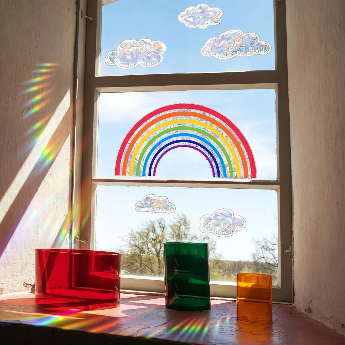 Wall Stickers Rainbow Clouds Sunlight Refraction Dazzling Glass Display Windows Home Decoration Window Stickers