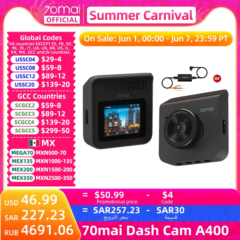 70mai Dash Cam A400 1440P Image 145° FOV Car DVR 70mai A400 Car Recorder Support Rear Cam 24H Parking Mode