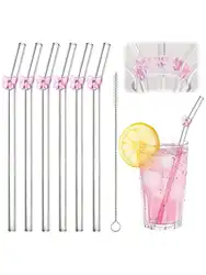 Reusable Bow Glass Straw Set - Cute and Eco - Friendly Drinking Straws with Cleaning Brush for Coffee, Smoothies, Frozen Drinks, Tea, and Juice (7 - Pack) (7pcs - pink)