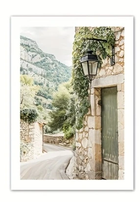 Frameless Green Bohemian Door Print with Olive Tree and Floral Theme