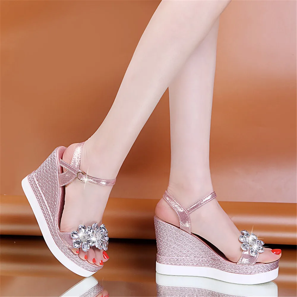Women High Heels Platform High Heels Sandals Ankle Buckle Sandals Female Ankle Strap Buckle Rhinestone Crystal Sandals Summer Women Round Toe High Heels Fashion Ladies Wedges Shoes Gold
